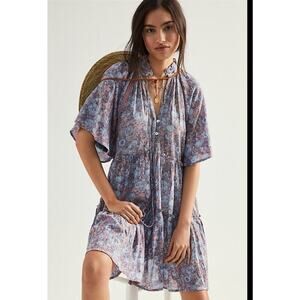 KINGA CSILLA Purple Blue Tiered Mini Dress Boho Floral Print Size Large